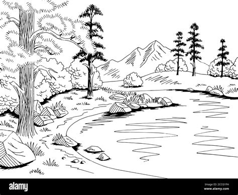 Mountain Lake Graphic Black White Landscape Sketch Illustration Vector