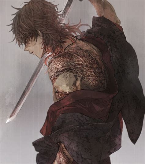 Zen wistalia (snow white with the red hair). 1boy aiming arm_up back_tattoo bangs bare_shoulders brown ...