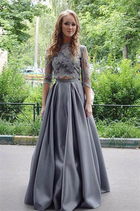 Prom Dress Sexy Prom Dress Gray Two Pieces Lace Sleeves Long Prom Dress Gray Evening Dress On