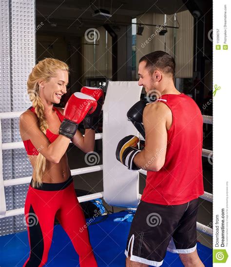 Boxing Workout Woman In Fitness Class Sport Exercise Two People Stock