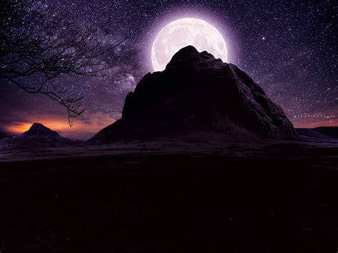 Moon Mountain Night Purple Sky Starry Sky Stars Wallpaper 3648x2736