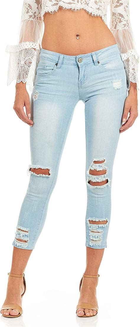 VIP Jeans Cute Ripped Jeans For Women Distressed Washed Skinny Cropped Inseam Light Blue