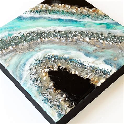Aquamarine Crystal Painting Modern Geode Art 12x12x2 Wood Resin