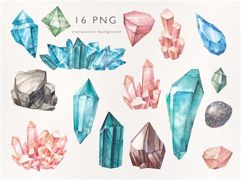 Gemstones Watercolor Crystal Clipart Diamonds Rocks Mineral Etsy