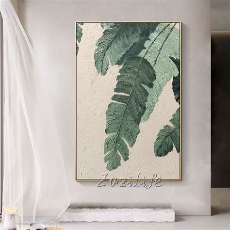Tropical Green Leaf Painting Acrylic Textured Painting On Canvas Large