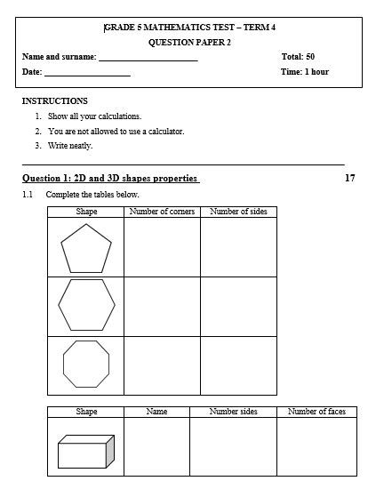 Grade 8 Maths 1st Term Test Papers