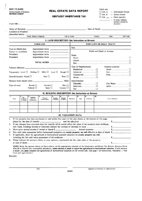 Fillable Form 92a110 Real Estate Data Report Kentucky Inheritance