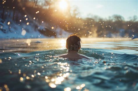 Man Swimming In Icy Lake During Winter Sunset Health Benefit Of Cold
