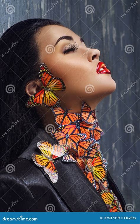 Portrait Of Woman With Butterflyes Stock Image Image Of Brunette