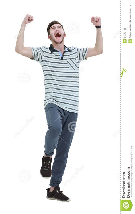 Cheering Man With His Arms Raised Up On White Background Stock Image
