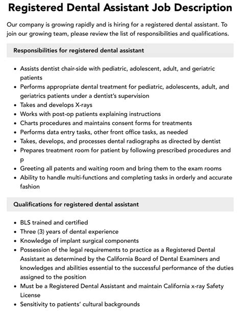 Registered Dental Assistant Job Description Velvet Jobs