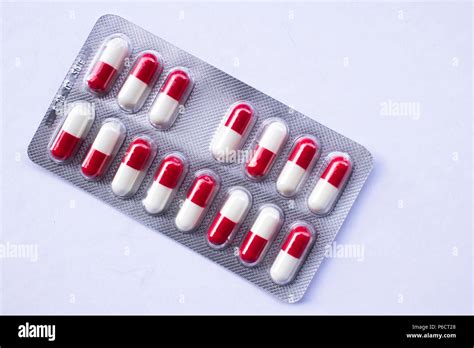 Medical prescription drug pills blister pack of red and white