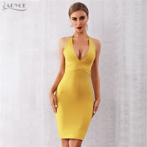 Adyce 2019 New Summer Women Bandage Dress Sexy Yellow Halter Backless Sleeveless Midi Bodycon