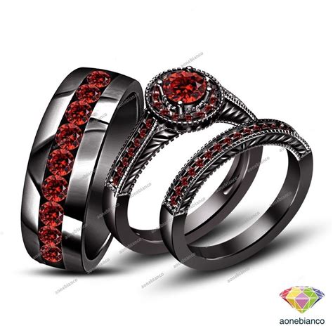 14k Black Gold Garnet Trio Bridal Engagement Ring Set His And Her