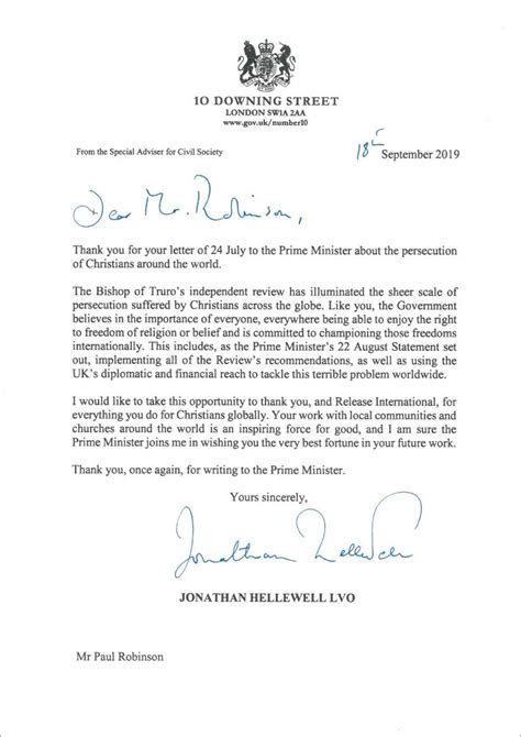 Letter from Prime Minister's Office - Release International