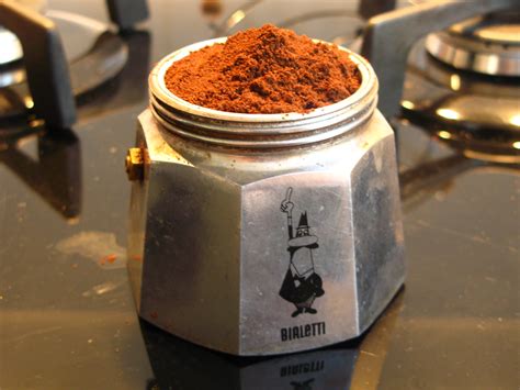 Moka pot filled with espresso grounds. Moka Pot with Espresso Grounds