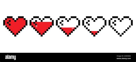 Pixel Heart Life Bar Set Vector Illustration Heart In 8 Bit Style