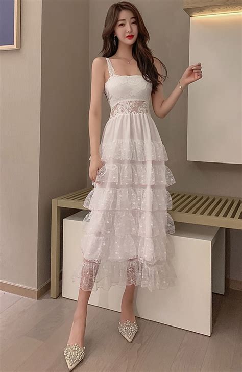 Korean Style Lace Patchwork Tiered Sleeveless Dress Dresses Simple Dresses Classy Simple