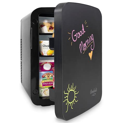 A Mini Fridge With The Door Open And Food In It That Says Good Morning