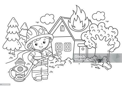 Coloring Page Outline Of Cartoon Fireman Or Firefighter With Fire