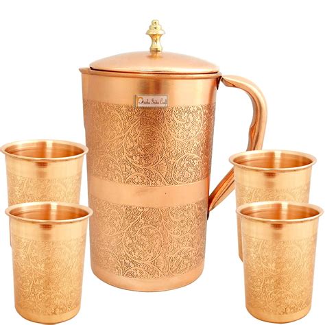 Buy Prisha India Craft Embossed Design Pure Copper Water Jug Pitcher 1200 Ml With 4 Copper Glass