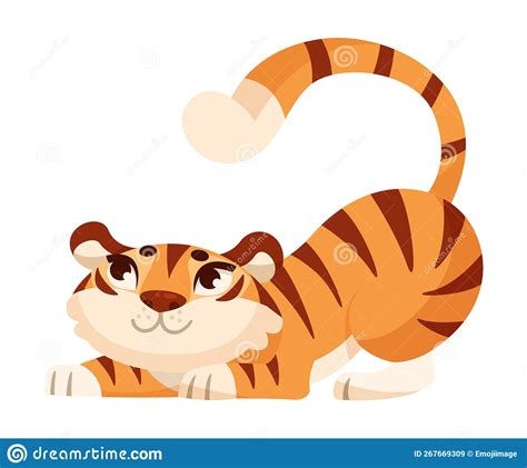 Cute Tiger Cub With Striped Orange Fur Playing With Tail Vector