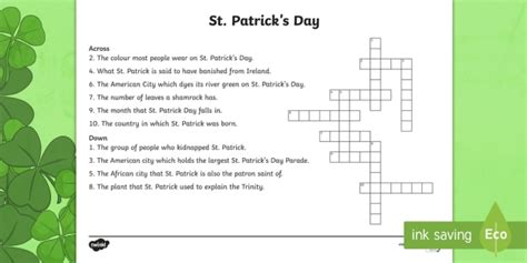 Test your knowledge on this holiday quiz and compare your score to others. ROI St. Patrick's Day Crossword (teacher made)