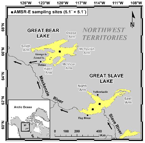 Map showing location of Great Bear Lake (GBL) and Great Slave Lake