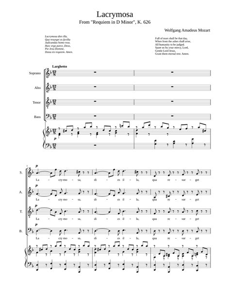 Mozart Lacrymosa From Requiem Satb With Piano Sheet Music For Piano