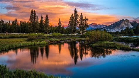 Landscape Sunset Lake Trees Mountains Wallpapers Hd
