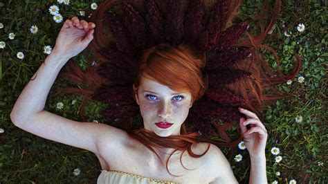 Wallpaper Red Hair Girl Freckles Lying On Flowers 1920x1200 Hd Picture Image