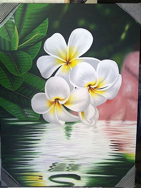 A Painting Of Three White Flowers With Green Leaves In The Background