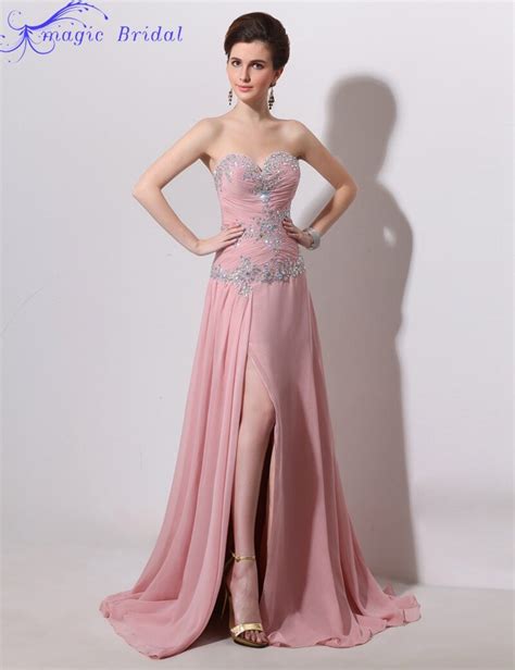 Comprar Rhinestone Plisado Rosa Vestido De Noche Largo Con Raja Del Colmo 2015