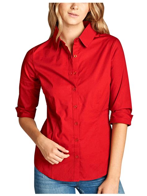 Womens Classic Solid 34 Sleeve Button Down Blouse Dress Shirt Kogmo