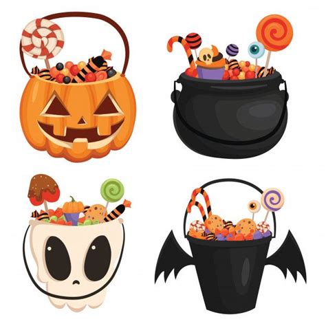 Set Of Halloween Pumpkin Bucket Filled With Sweets Cartoon