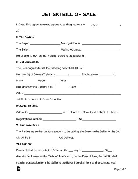 Free Jet Ski Bill Of Sale Form Pdf Word Eforms