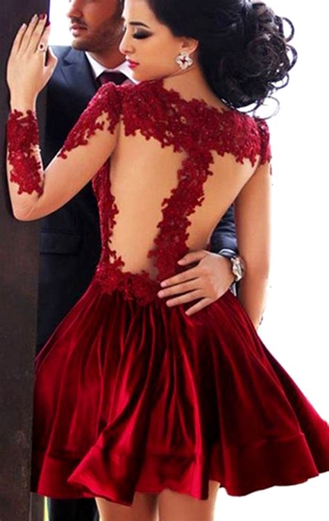 Macloth Long Sleeves Illusion Red Mini Prom Homecoming Dress Lace Wedd