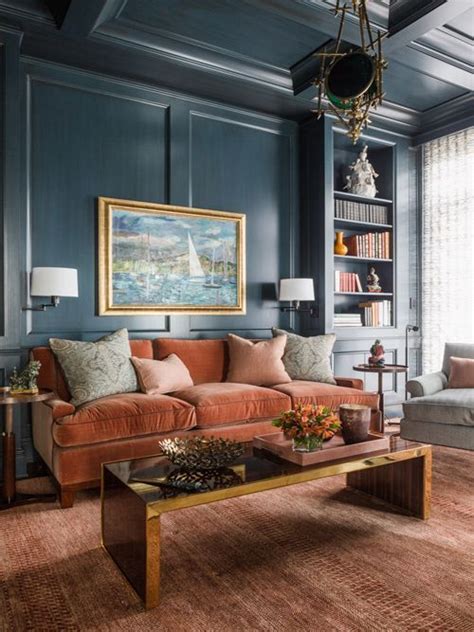 Brown Velvet Couch With Dark Blue Wall Color Looks Amazingly Elegant