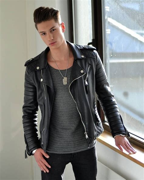 Mens Bad Boy Look With Black Leather Jacket With Epaulets On The