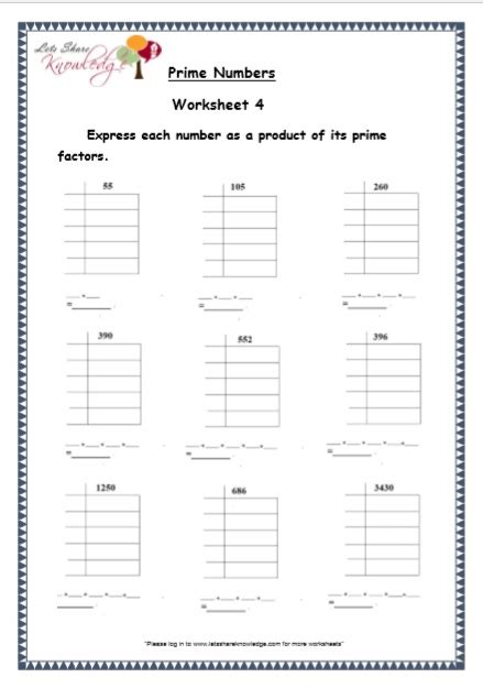 Grade 5 Maths Resources: Prime Numbers Printable Worksheets - Lets