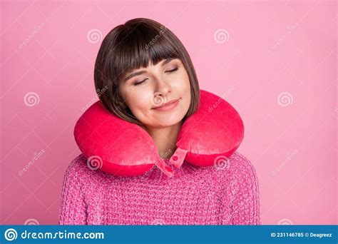 Photo Of Charming Calm Sleepy Woman Good Mood Wear Neck Pillow Smile