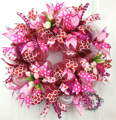 Deco Mesh Valentines Wreath In Hot Pink And Red With Tulips Door