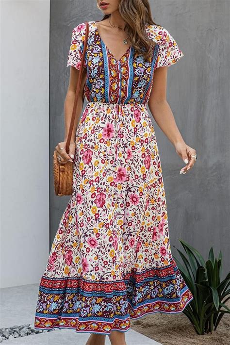 Bohemian Floral Print Paneled Buttoned V Neck Self Tie A Line Midi Dress In 2020 Print Buttons