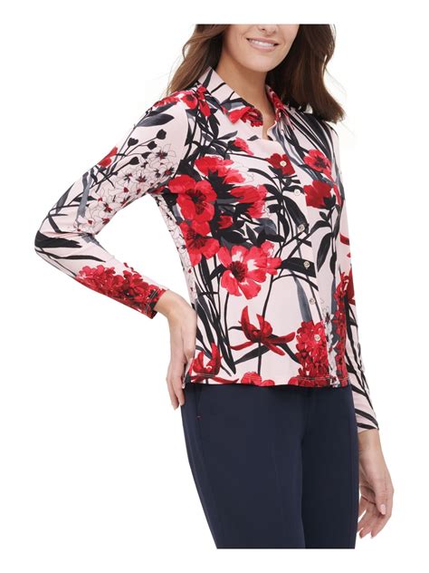 tommy hilfiger womens pink floral long sleeve collared blouse size s