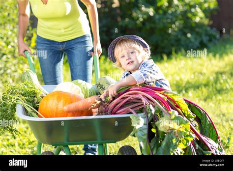 Kid And Mother In Domestic Garden Adorable Boy Standing Near
