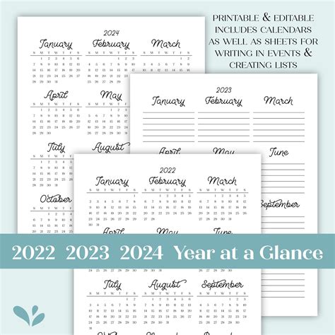 2022 2023 2024 Year At A Glance Editable Printable Yearly Etsy In