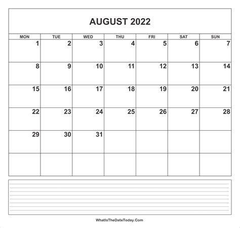 Calendar August 2022 With Notes Whatisthedatetodaycom