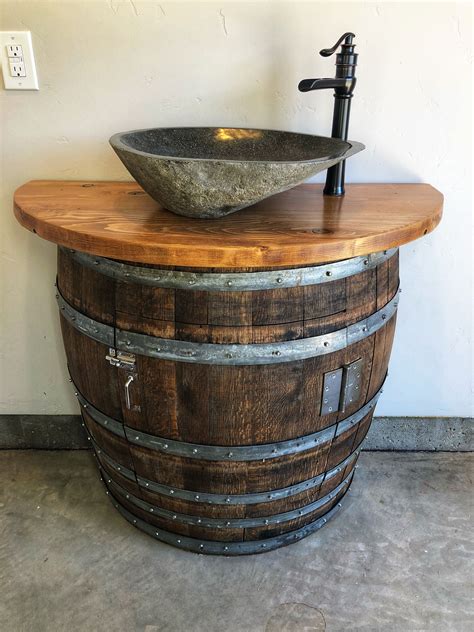 Wine Barrel Copper Sink Vanity With Hidden Hinged Door And Antique