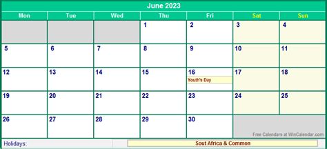 June 2023 South Africa Calendar With Holidays For Printing Image Format
