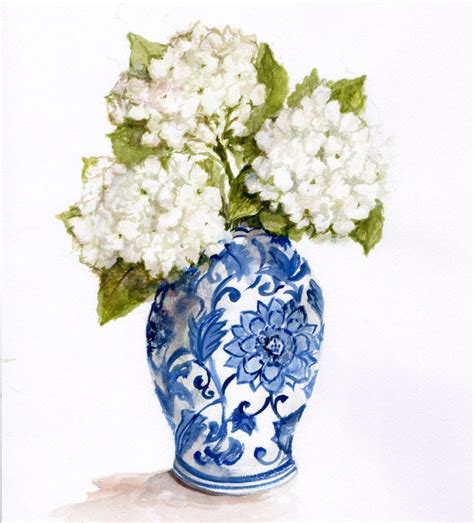 Original Water Colour Painting White Hydrangeas In Blue And White Vase
